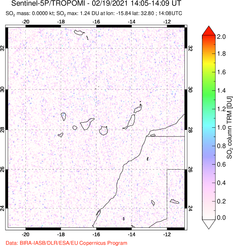 A sulfur dioxide image over Canary Islands on Feb 19, 2021.