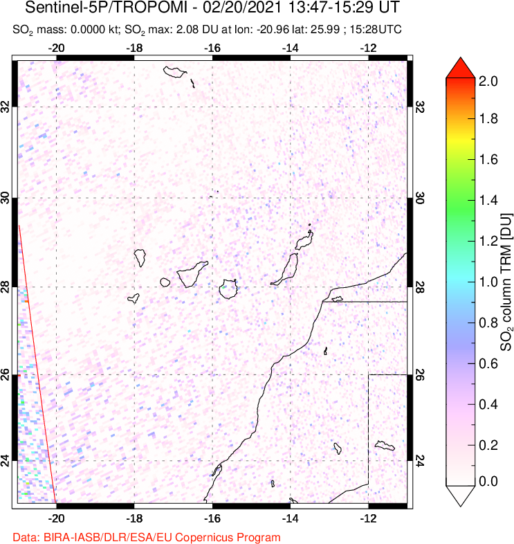 A sulfur dioxide image over Canary Islands on Feb 20, 2021.
