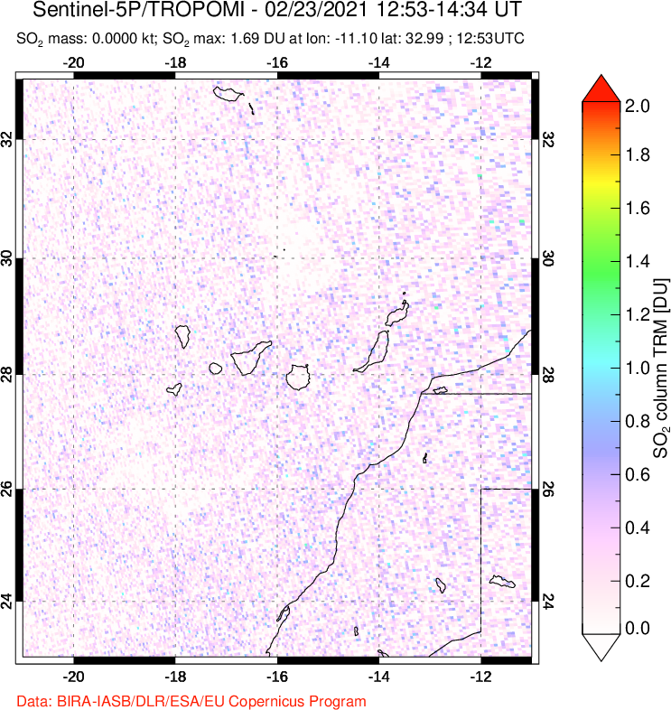 A sulfur dioxide image over Canary Islands on Feb 23, 2021.