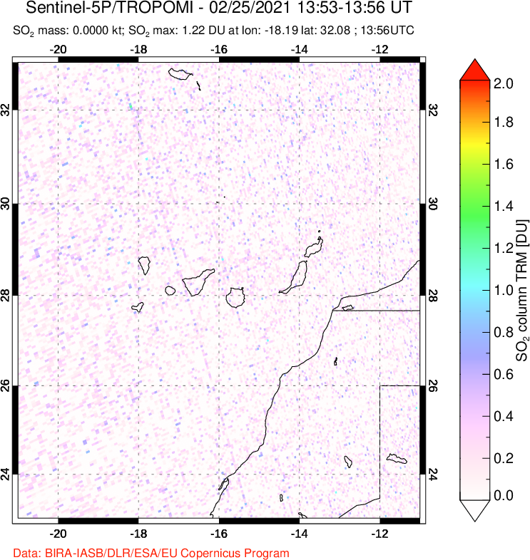 A sulfur dioxide image over Canary Islands on Feb 25, 2021.