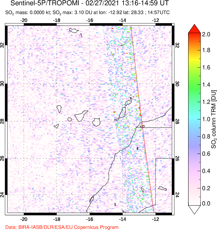 A sulfur dioxide image over Canary Islands on Feb 27, 2021.
