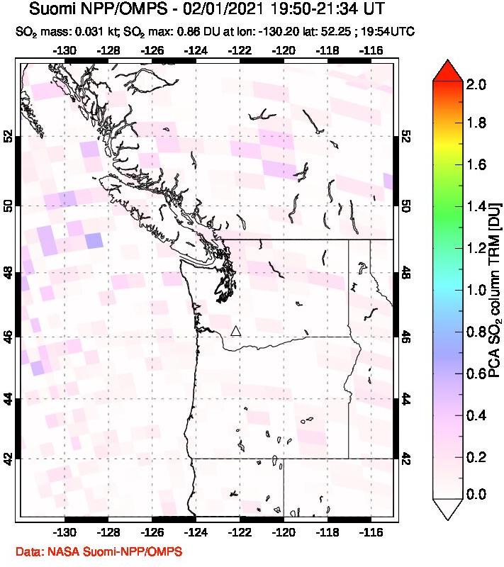A sulfur dioxide image over Cascade Range, USA on Feb 01, 2021.