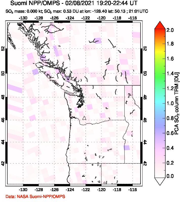 A sulfur dioxide image over Cascade Range, USA on Feb 08, 2021.
