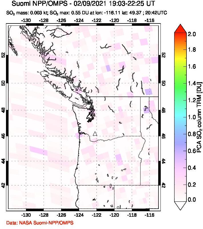 A sulfur dioxide image over Cascade Range, USA on Feb 09, 2021.
