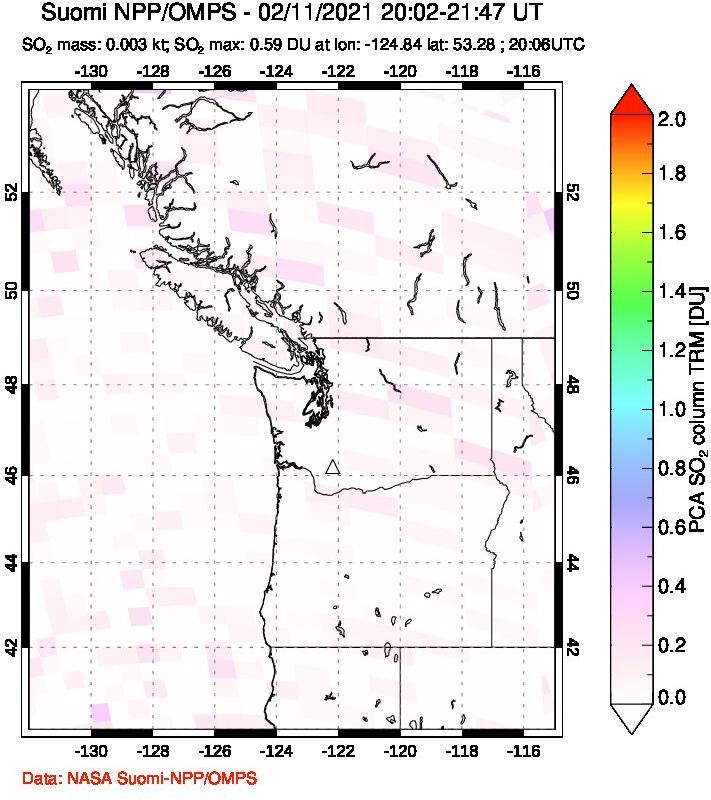 A sulfur dioxide image over Cascade Range, USA on Feb 11, 2021.