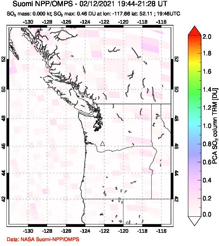 A sulfur dioxide image over Cascade Range, USA on Feb 12, 2021.