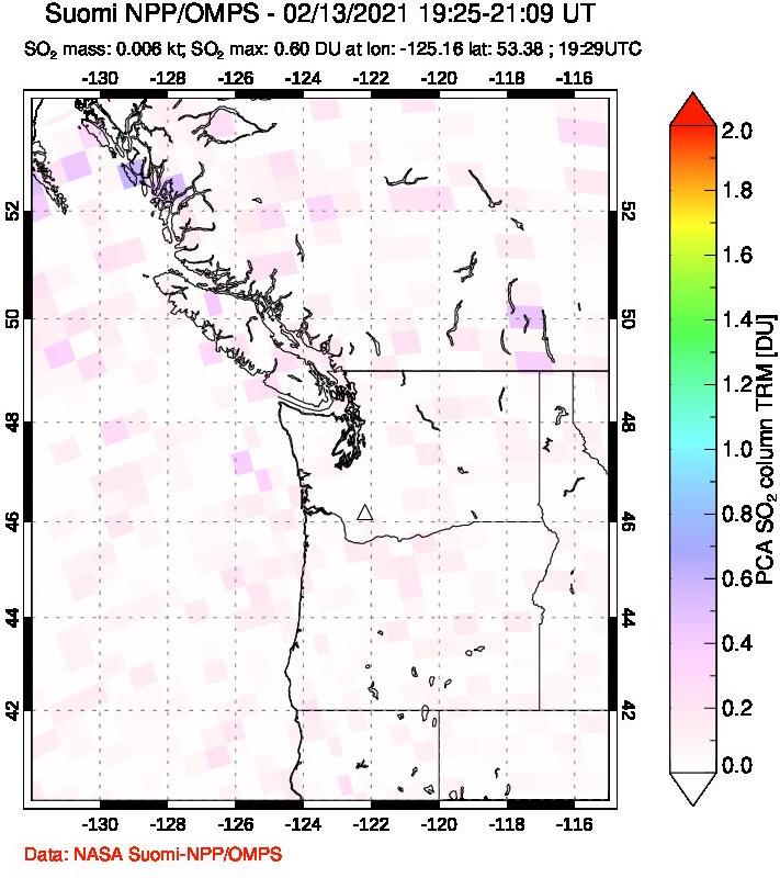 A sulfur dioxide image over Cascade Range, USA on Feb 13, 2021.