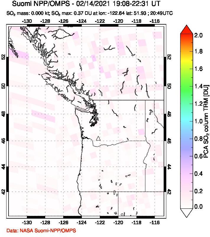 A sulfur dioxide image over Cascade Range, USA on Feb 14, 2021.