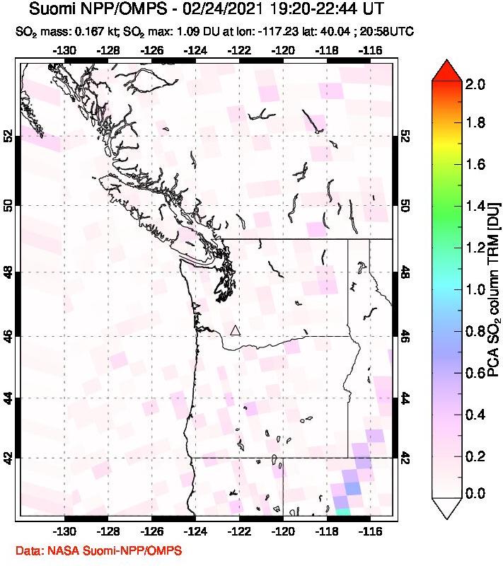 A sulfur dioxide image over Cascade Range, USA on Feb 24, 2021.