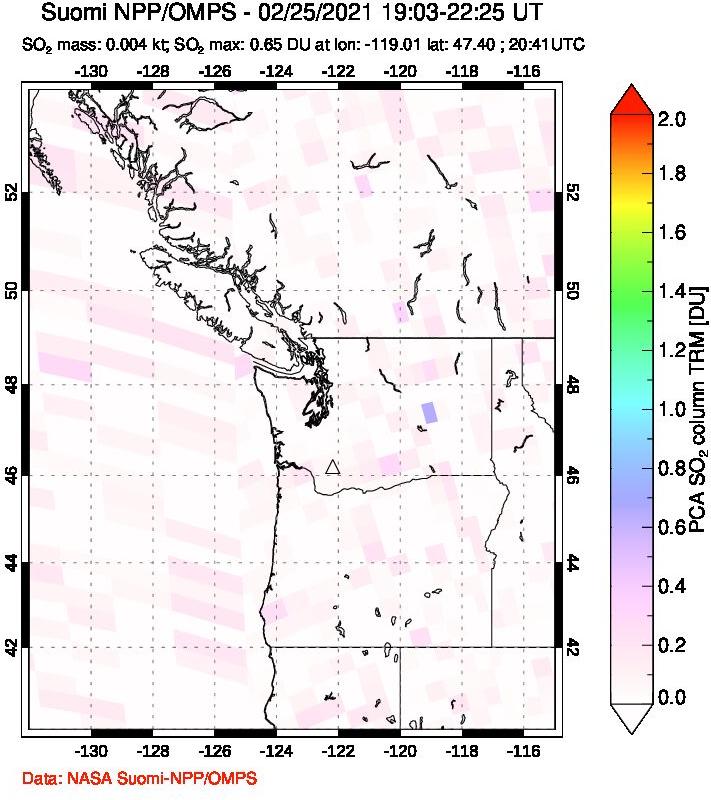 A sulfur dioxide image over Cascade Range, USA on Feb 25, 2021.