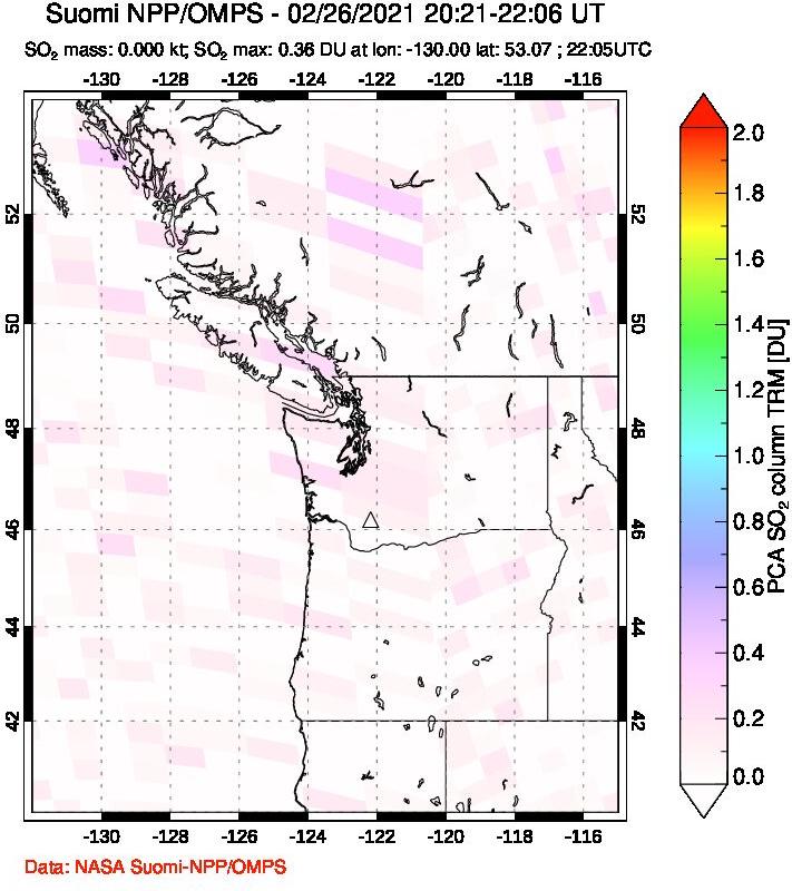 A sulfur dioxide image over Cascade Range, USA on Feb 26, 2021.