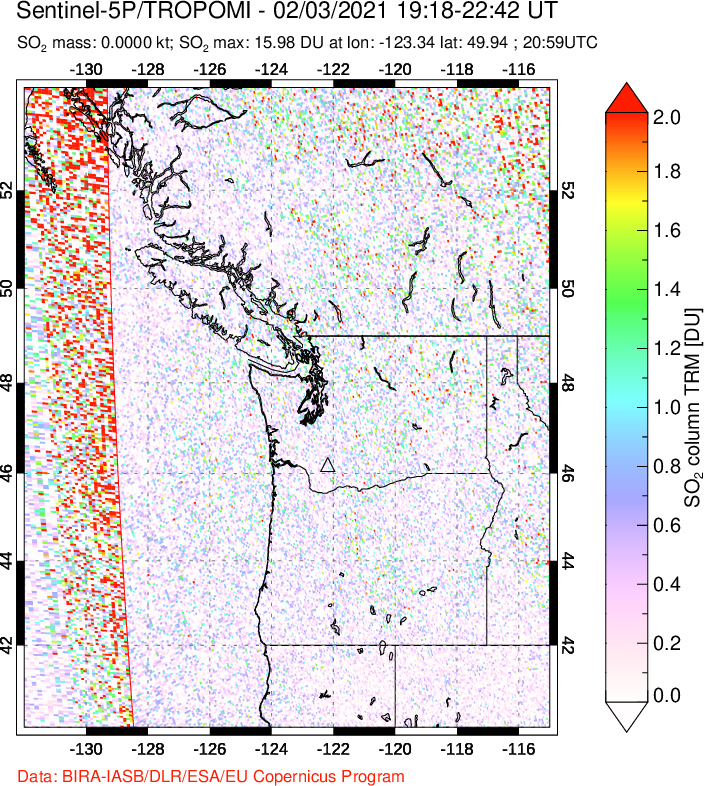 A sulfur dioxide image over Cascade Range, USA on Feb 03, 2021.