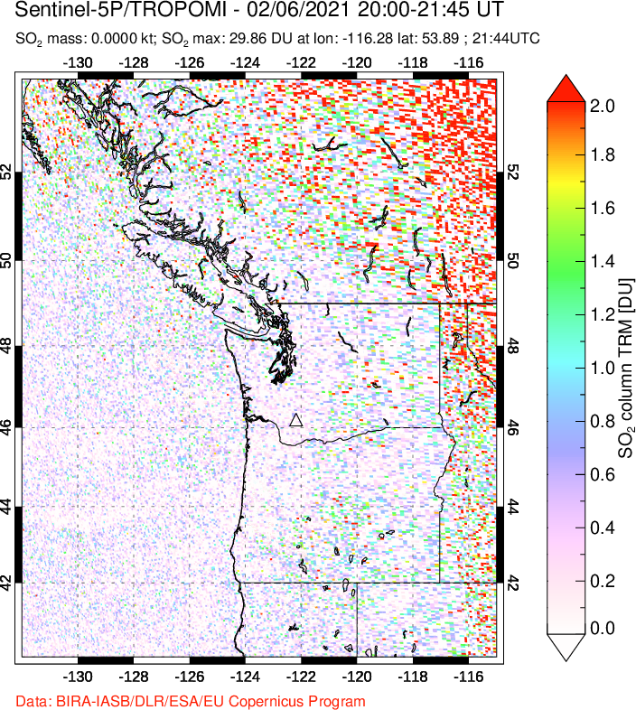 A sulfur dioxide image over Cascade Range, USA on Feb 06, 2021.