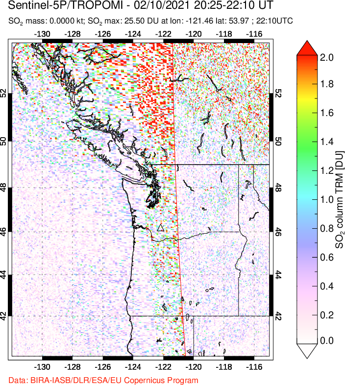 A sulfur dioxide image over Cascade Range, USA on Feb 10, 2021.