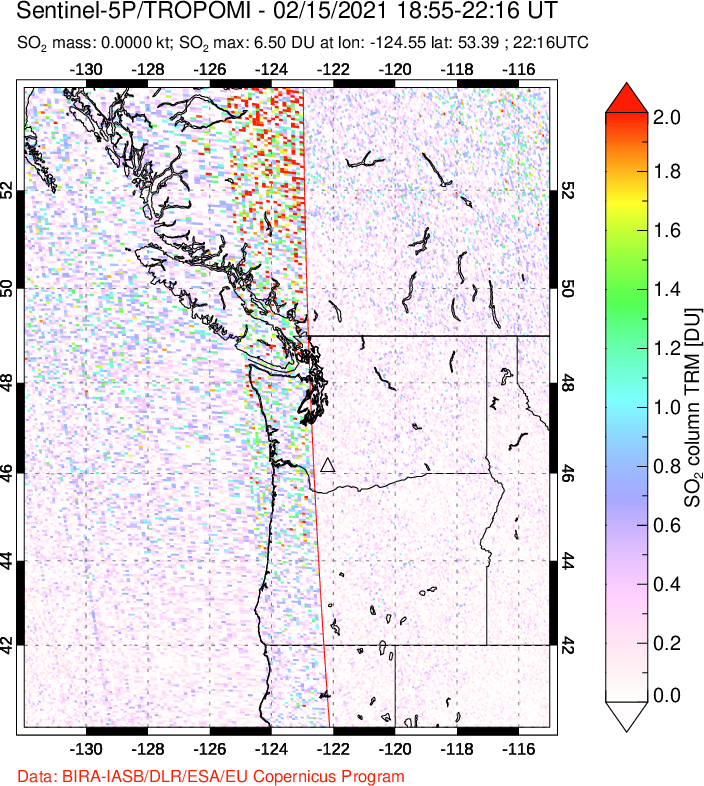 A sulfur dioxide image over Cascade Range, USA on Feb 15, 2021.