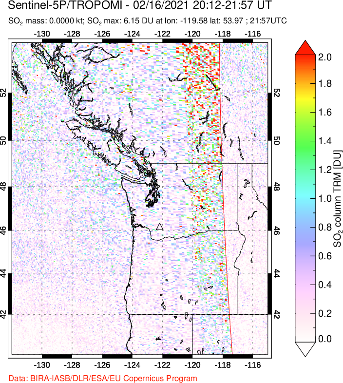 A sulfur dioxide image over Cascade Range, USA on Feb 16, 2021.