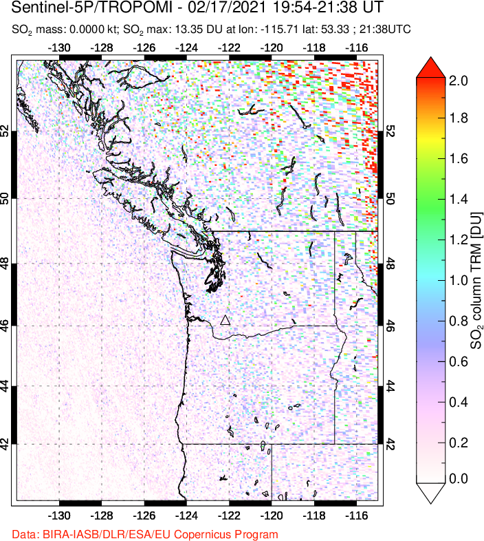 A sulfur dioxide image over Cascade Range, USA on Feb 17, 2021.