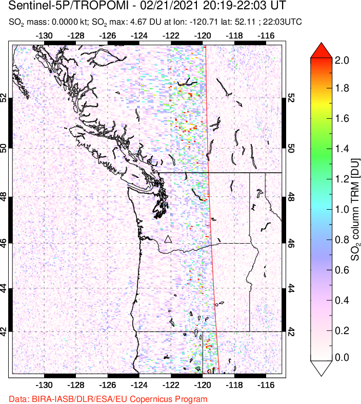 A sulfur dioxide image over Cascade Range, USA on Feb 21, 2021.