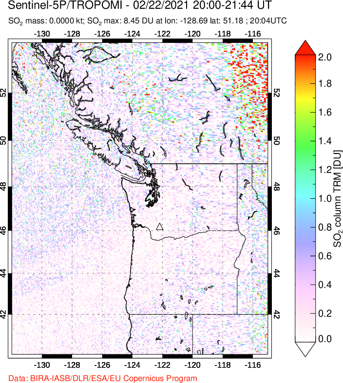 A sulfur dioxide image over Cascade Range, USA on Feb 22, 2021.