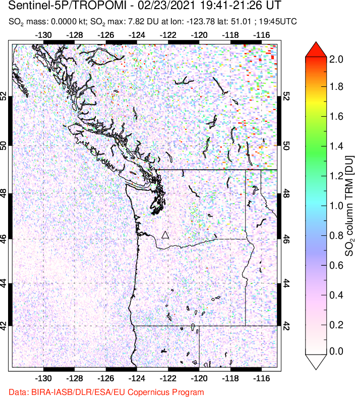 A sulfur dioxide image over Cascade Range, USA on Feb 23, 2021.