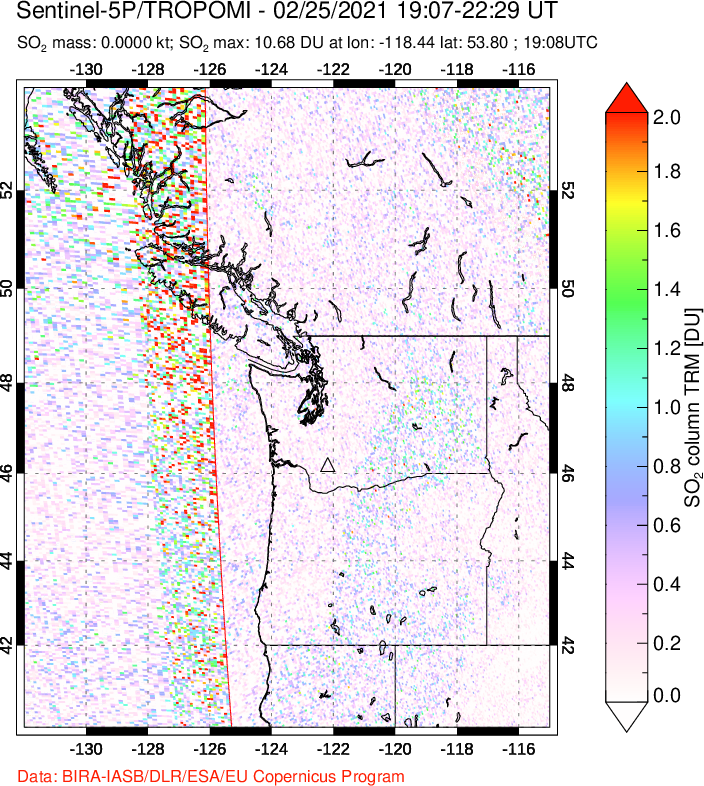 A sulfur dioxide image over Cascade Range, USA on Feb 25, 2021.