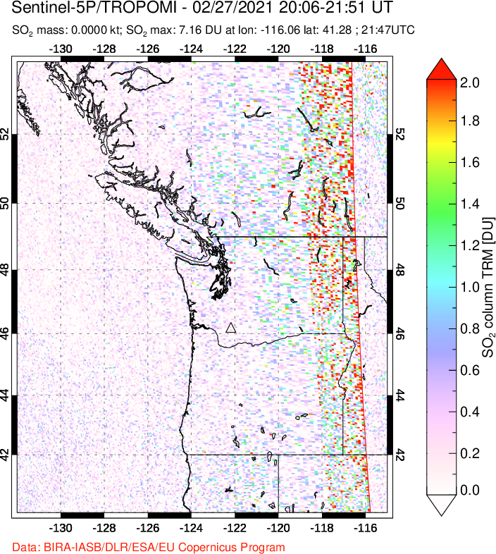 A sulfur dioxide image over Cascade Range, USA on Feb 27, 2021.