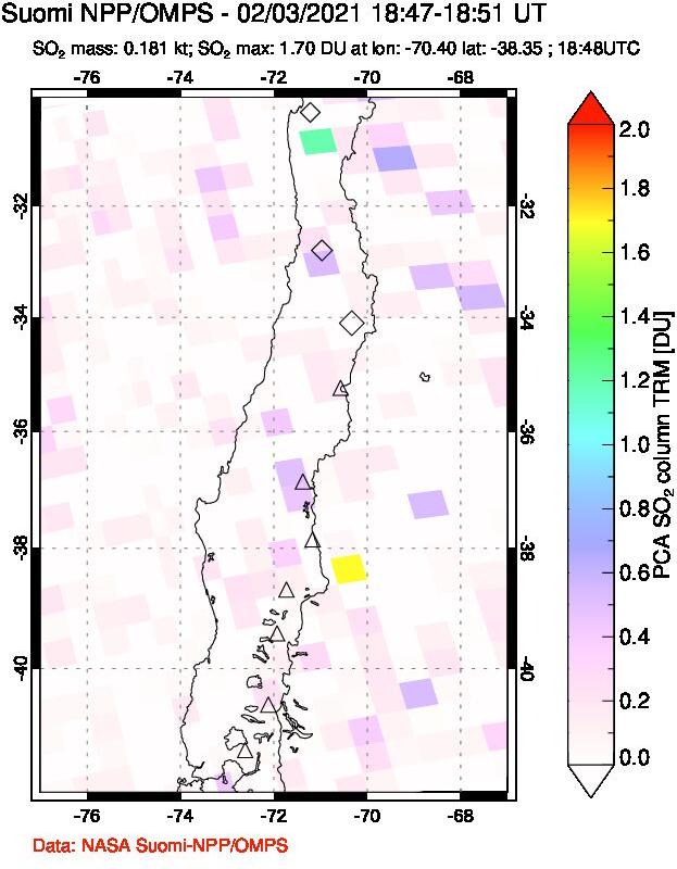 A sulfur dioxide image over Central Chile on Feb 03, 2021.