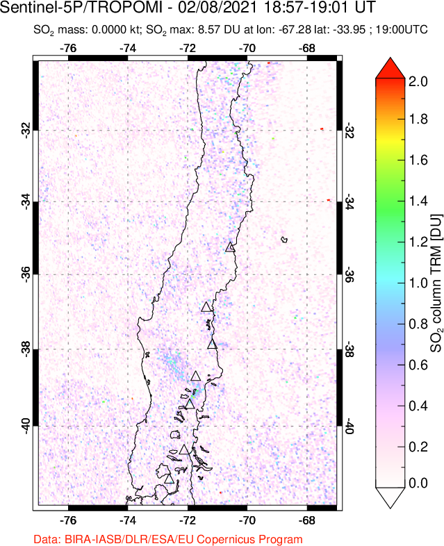 A sulfur dioxide image over Central Chile on Feb 08, 2021.