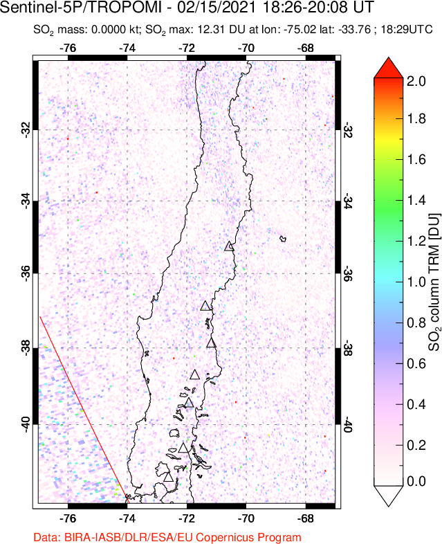 A sulfur dioxide image over Central Chile on Feb 15, 2021.