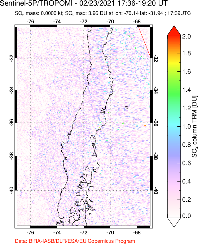 A sulfur dioxide image over Central Chile on Feb 23, 2021.