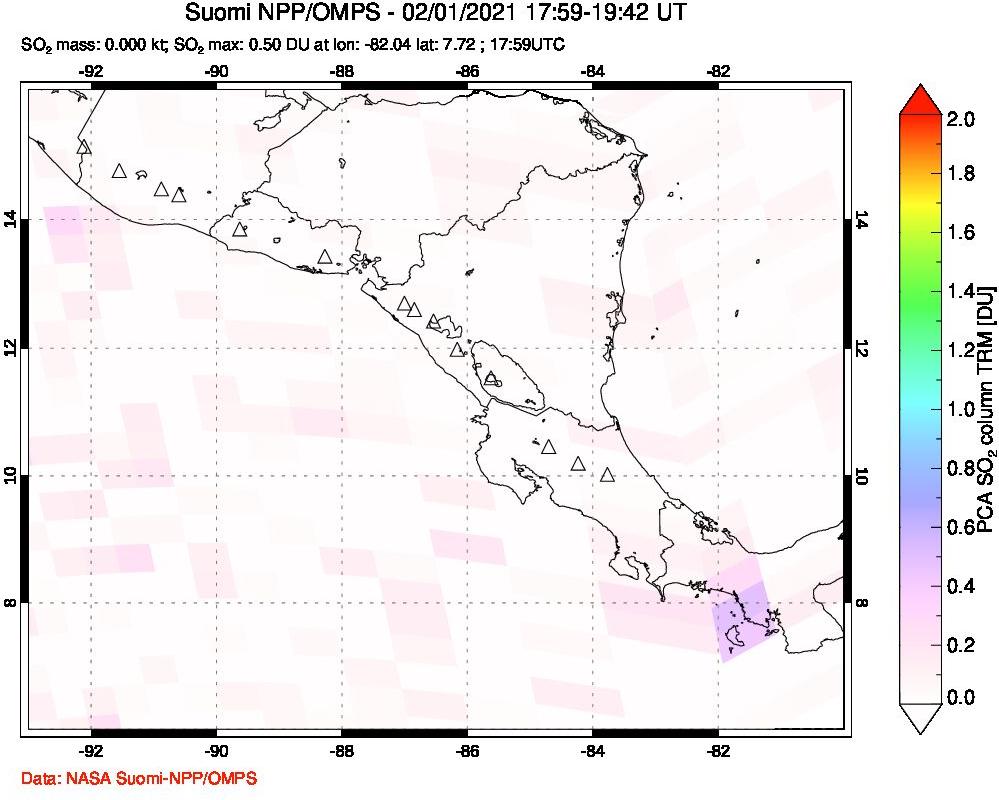 A sulfur dioxide image over Central America on Feb 01, 2021.