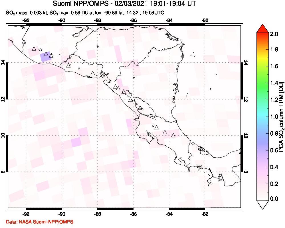 A sulfur dioxide image over Central America on Feb 03, 2021.