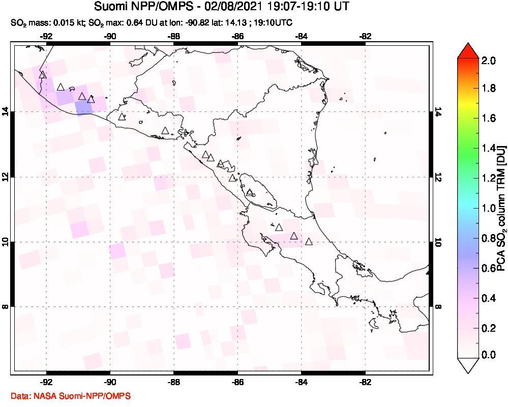 A sulfur dioxide image over Central America on Feb 08, 2021.