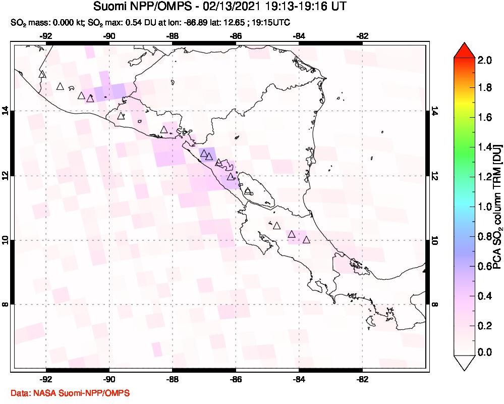 A sulfur dioxide image over Central America on Feb 13, 2021.