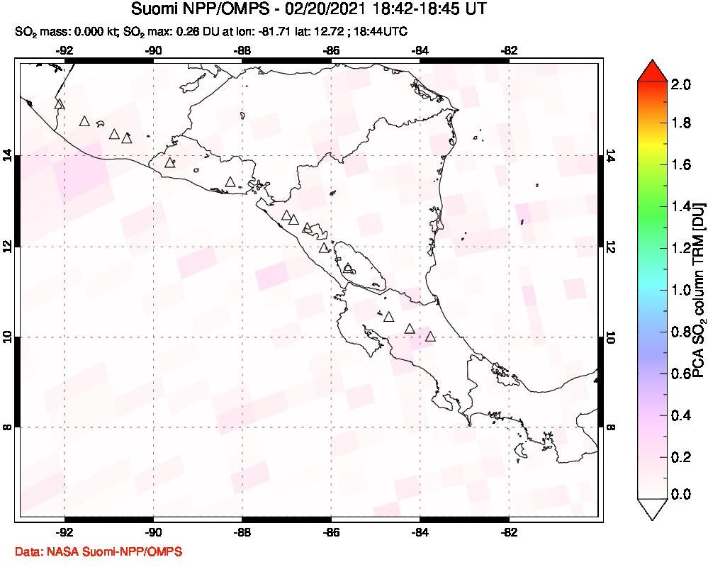 A sulfur dioxide image over Central America on Feb 20, 2021.
