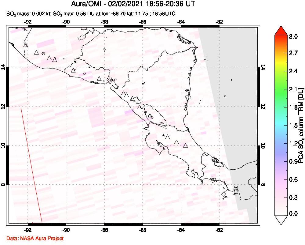 A sulfur dioxide image over Central America on Feb 02, 2021.