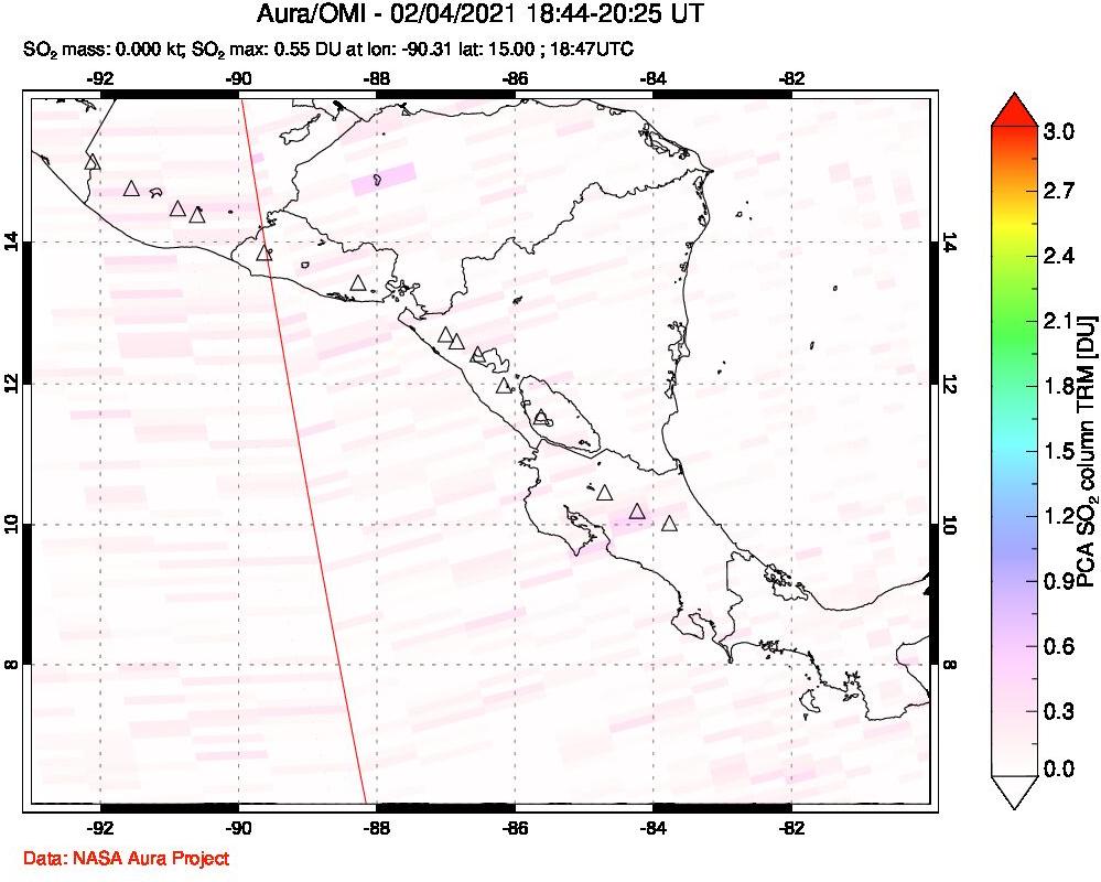 A sulfur dioxide image over Central America on Feb 04, 2021.
