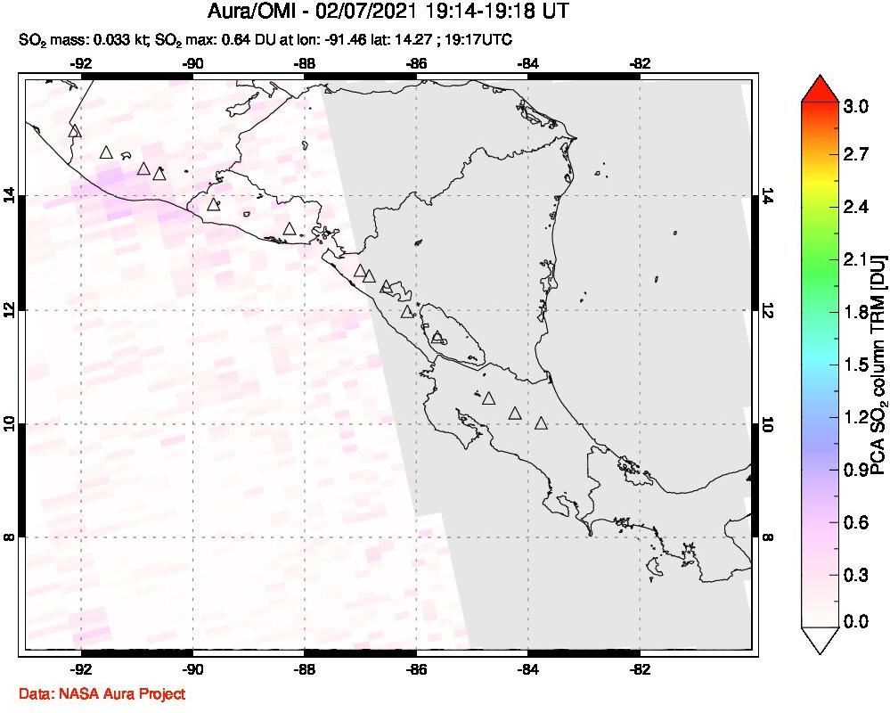 A sulfur dioxide image over Central America on Feb 07, 2021.