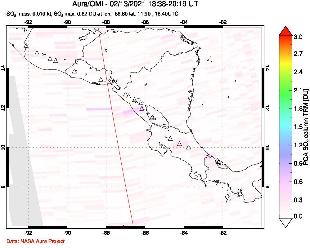 A sulfur dioxide image over Central America on Feb 13, 2021.