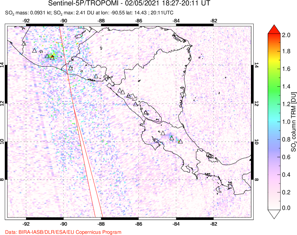 A sulfur dioxide image over Central America on Feb 05, 2021.