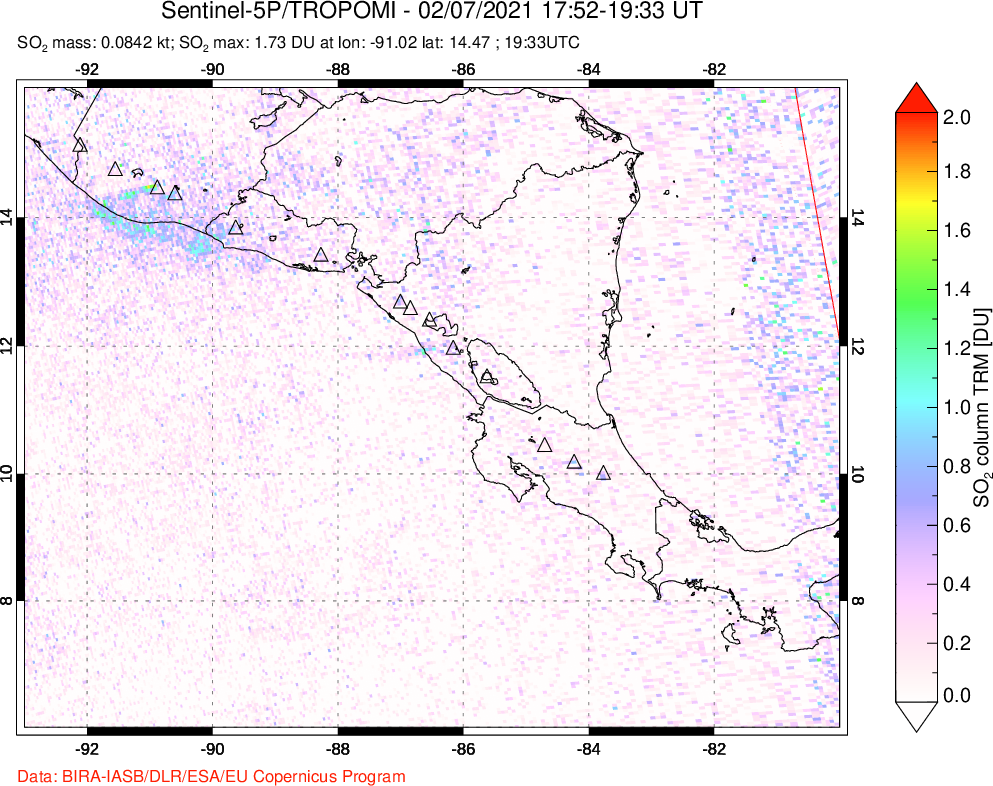 A sulfur dioxide image over Central America on Feb 07, 2021.