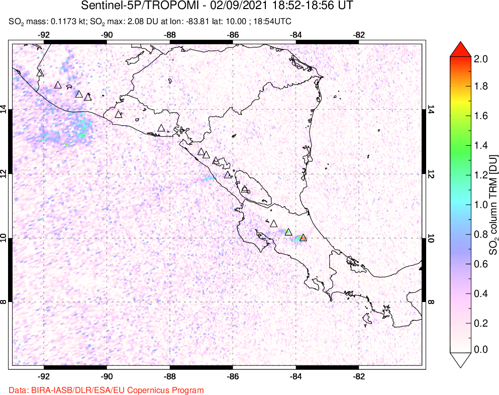 A sulfur dioxide image over Central America on Feb 09, 2021.