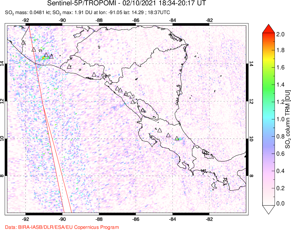 A sulfur dioxide image over Central America on Feb 10, 2021.