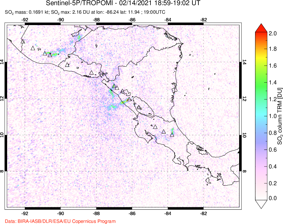 A sulfur dioxide image over Central America on Feb 14, 2021.