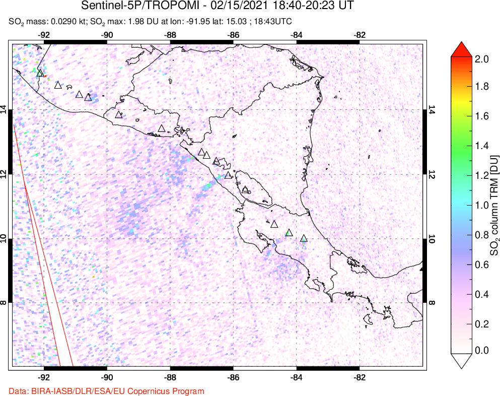 A sulfur dioxide image over Central America on Feb 15, 2021.