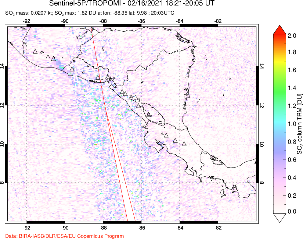 A sulfur dioxide image over Central America on Feb 16, 2021.