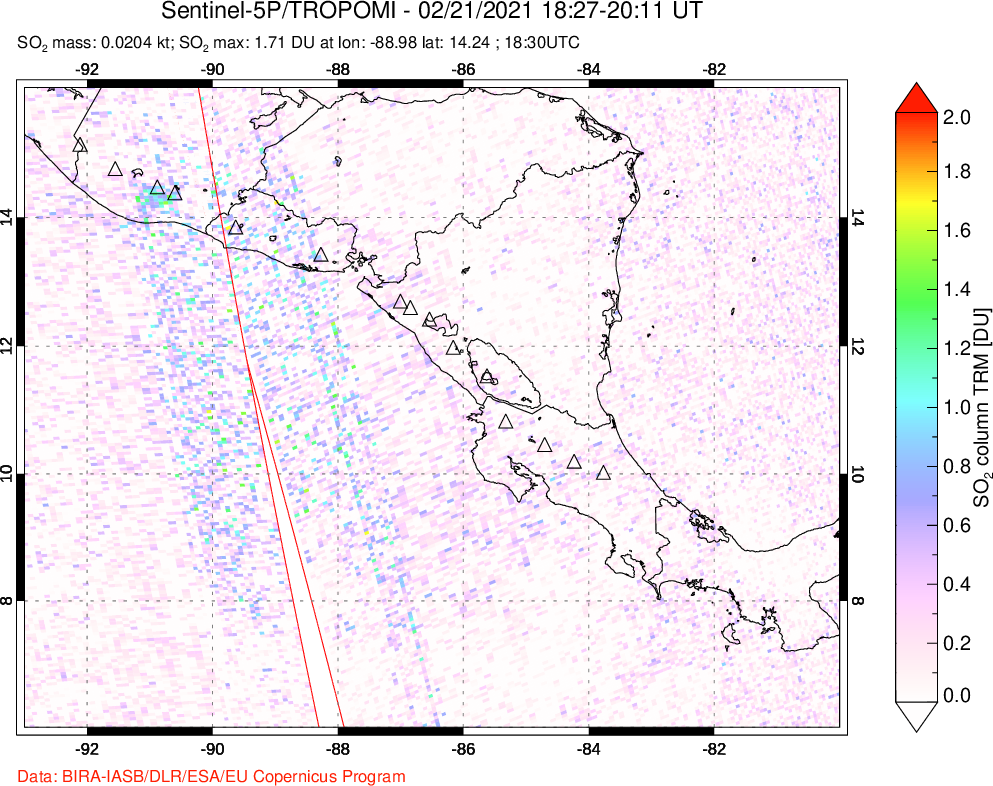 A sulfur dioxide image over Central America on Feb 21, 2021.