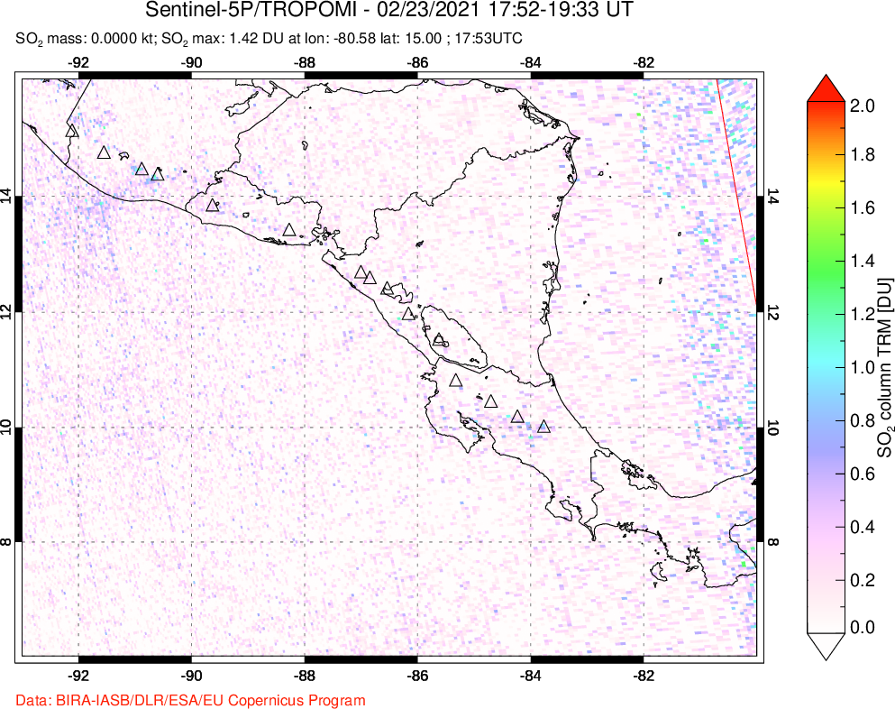A sulfur dioxide image over Central America on Feb 23, 2021.