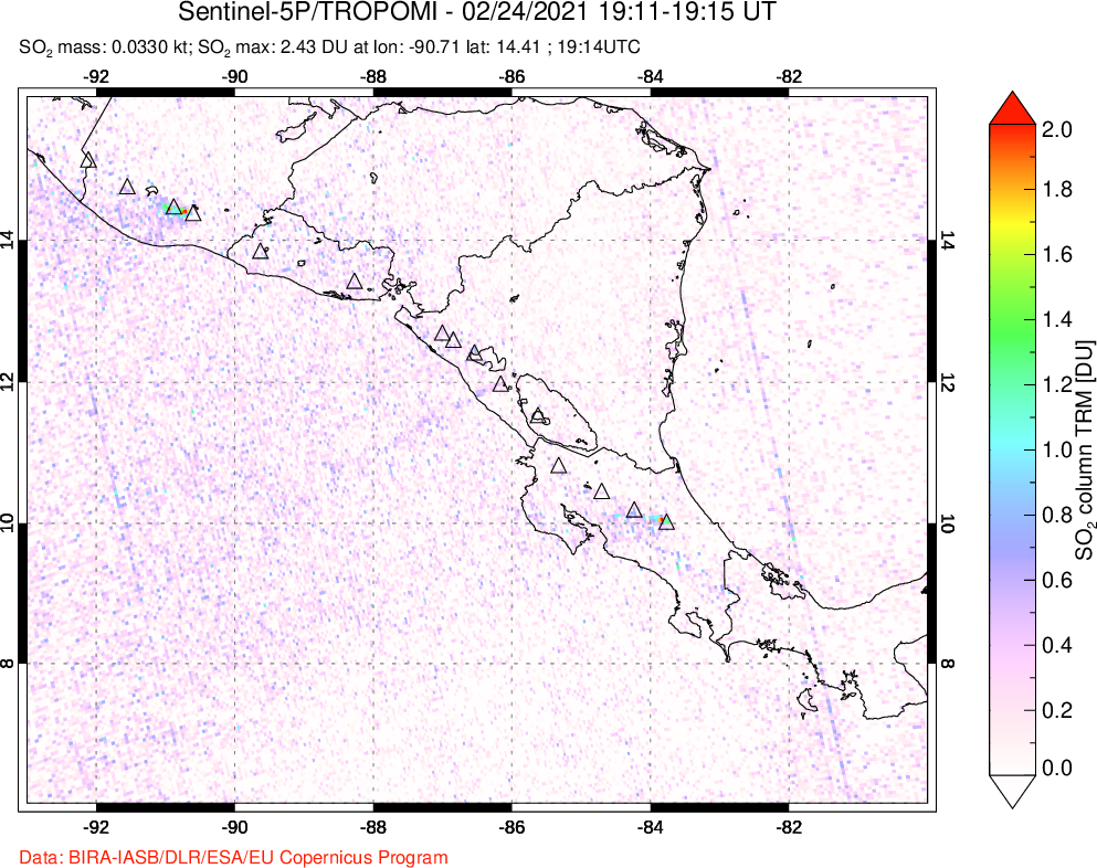 A sulfur dioxide image over Central America on Feb 24, 2021.