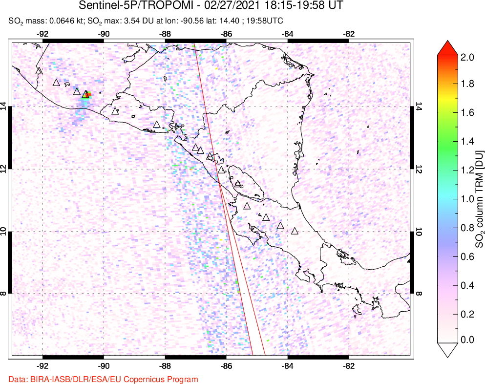 A sulfur dioxide image over Central America on Feb 27, 2021.